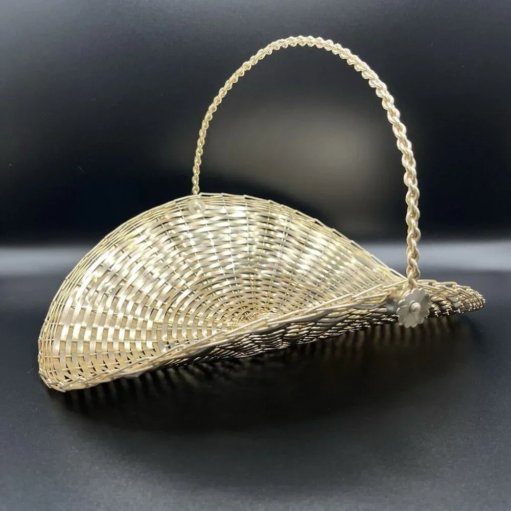 Vintage 60s Woven Metal Basket MCM Hollywood Regency Gold Tone Decorative Atomic